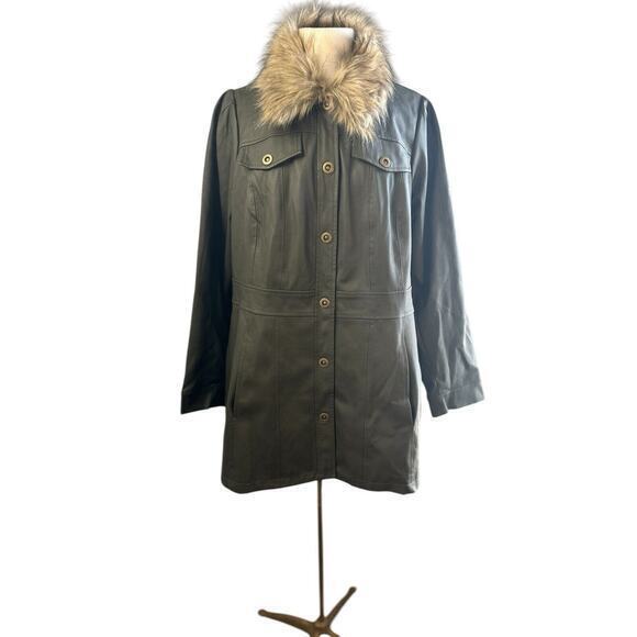 -Anthropologie Maeve Kellie Faux Leather Coat in‎ Green Size 16 - Picture 2 of 12